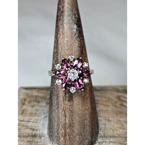 Vintage Sterling Silver Rhodolite Garnet Tourmaline Cluster Ring Gold Vermeil 7